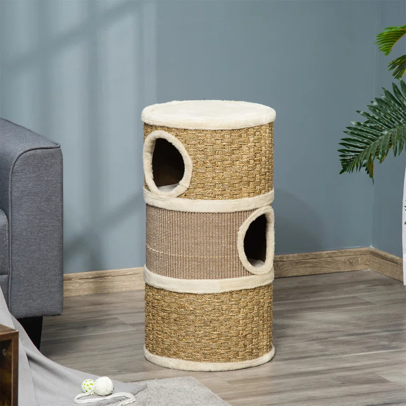 George Oliver 28 Inch Cat Condo, 3 Story Cat Hideaway with Sisal Scratching Pad, Barrel Shaped Small Cat Tree