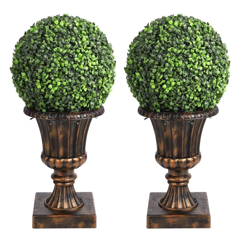 Yuan Home 2Pcs 12” Artificial Plant Topiary Ball With Pot, Faux Boxwood Balls With LED