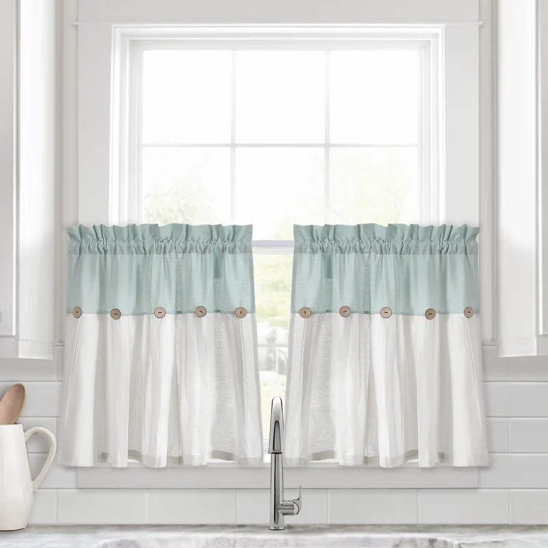 Lush Decor Linen Button Cotton Blend Tailored 29'' W Cafe Curtain (Set of 2)