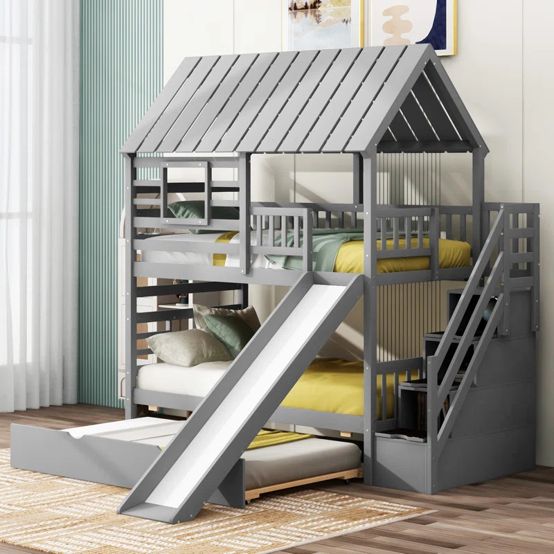 Harper Orchard Twin Over Twin House Bunk Bed With Trundle And Slide