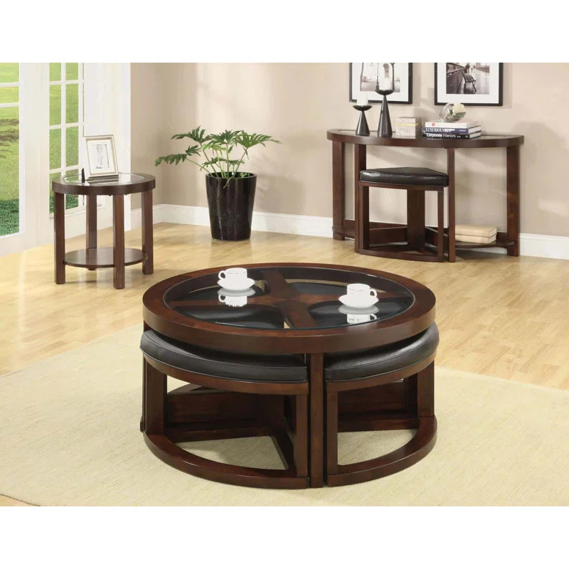 Hokku Designs Dark Walnut Coffee Table Glass Insert Top Ottoman Included Table Set Living Room Furniture