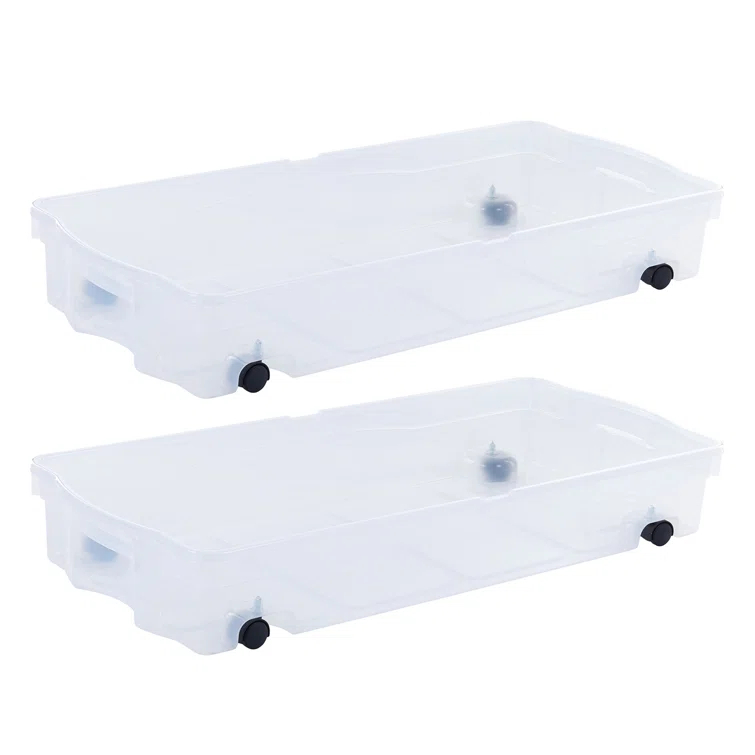 Rubbermaid Under Bed Wheeled Storage Box, 2-Pack, Plastic Containers With Dual-Hinged Lids And Sturdy Wheels, Visible Organization For Tight Spaces