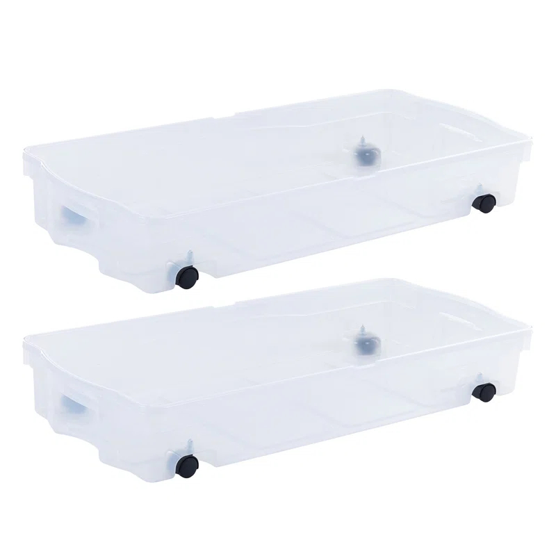 Rubbermaid Under Bed Wheeled Storage Box, 2-Pack, Plastic Containers With Dual-Hinged Lids And Sturdy Wheels, Visible Organization For Tight Spaces