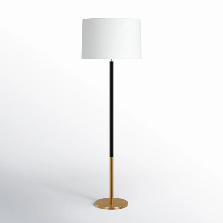 Burnished Brass and Black Floor Lamp with White Linen Shade