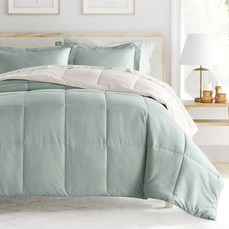 IEnjoy Home 7-Piece Reversible Bedding Bundle - Solid Comforter and Patterned Sheet Set