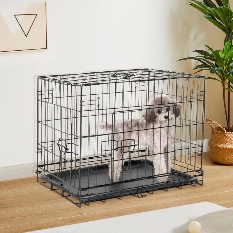 Ebern Designs Medium Dog Crate With Divider Panel, 30 Inch Double Door Folding Metal Wire Dog Cage With Plastic Leak-Proof Pan Tray, Pet Kennel For Indoor, Outdoor, Travel