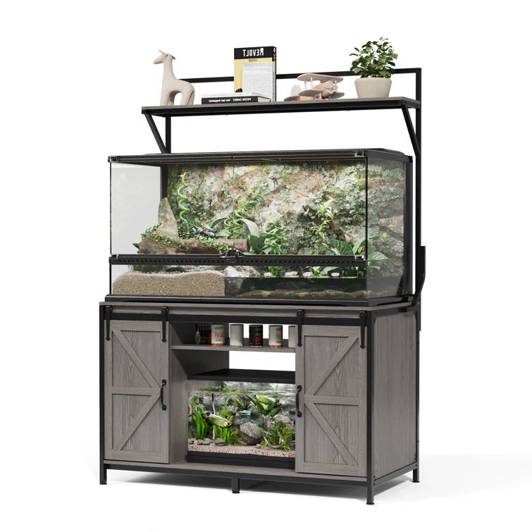 Gracie Oaks Siems Heavy Duty Aquarium Stand with Storage Cabinet, Farmhouse Reptile Tank Stand with Power Outlet, 48" X 24" Tabletop Fits up to 120 Gallon Bearded Dragon Tank, Fish Tank Turtle Terrarium Stand