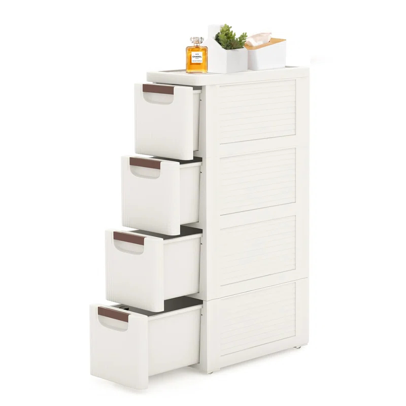 Rebrilliant Slim Plastic Rolling Storage Cabinet With 4 Drawers For Bathroom, Kitchen, Laundry - White