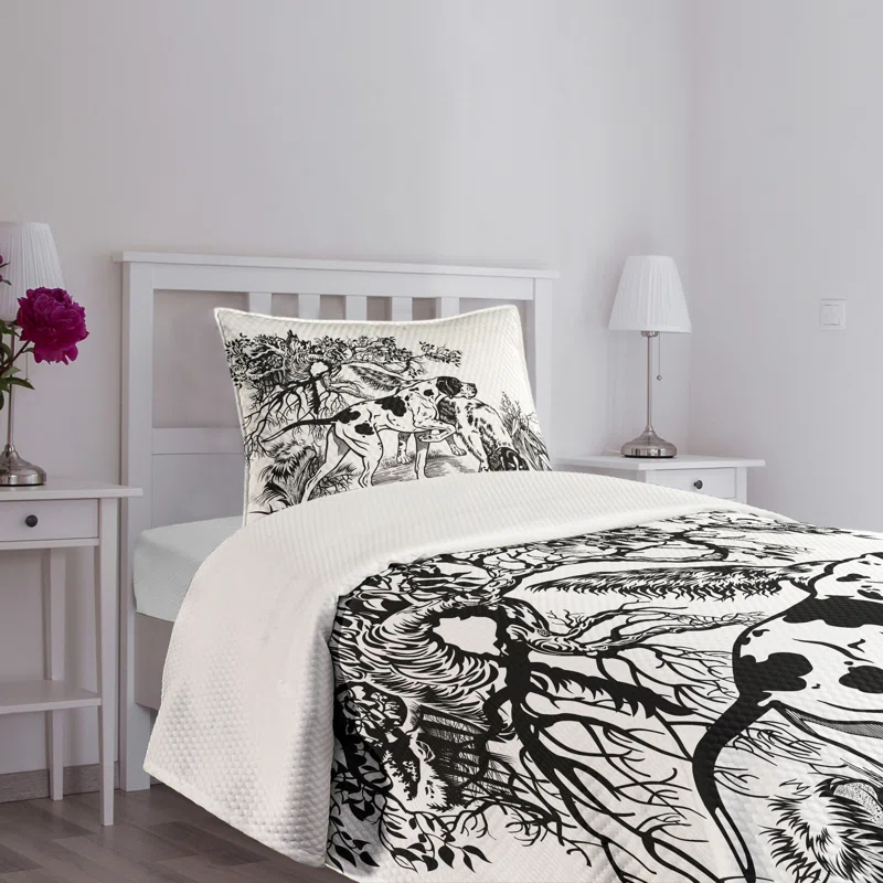 Ambesonne Ambesonne Hunting Bedspread Dogs in Forest Black White