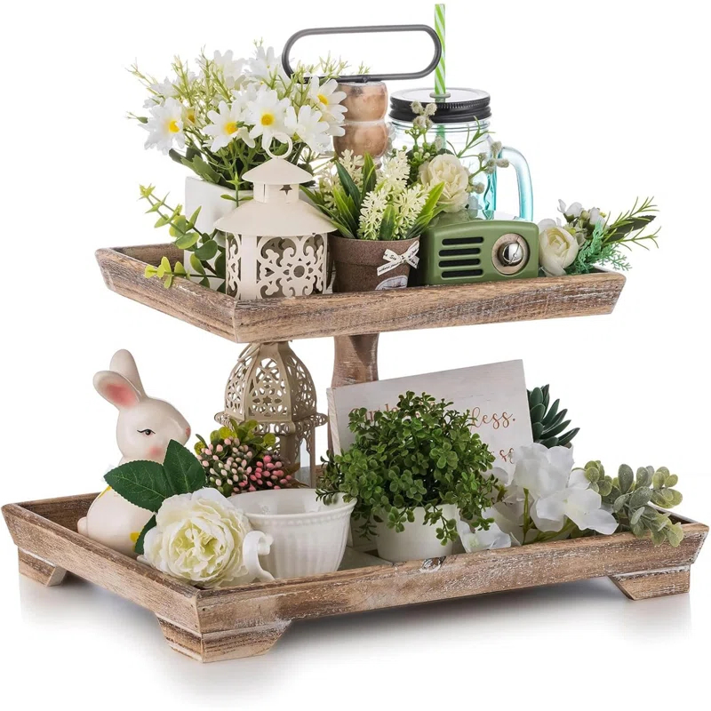 Ophelia & Co. Farmhouse Tiered Tray Stand: Rustic Wood 2 Tier Serving Tray Decor Two Rectangle Wooden For Kitchen Counter Centerpieces Coffee Bar Easter Fall Halloween Thanksgiving Christmas