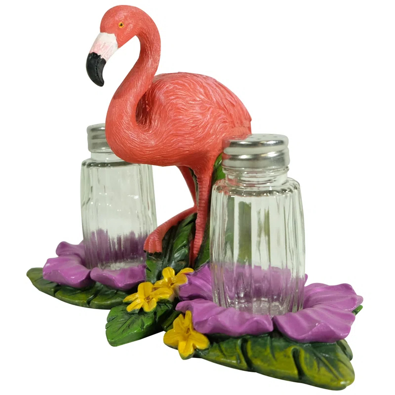 De Leon Collections Polyresin Tropical Pink Flamingo on Palms Floral Coastal Living Salt and Pepper Shaker Holder Set