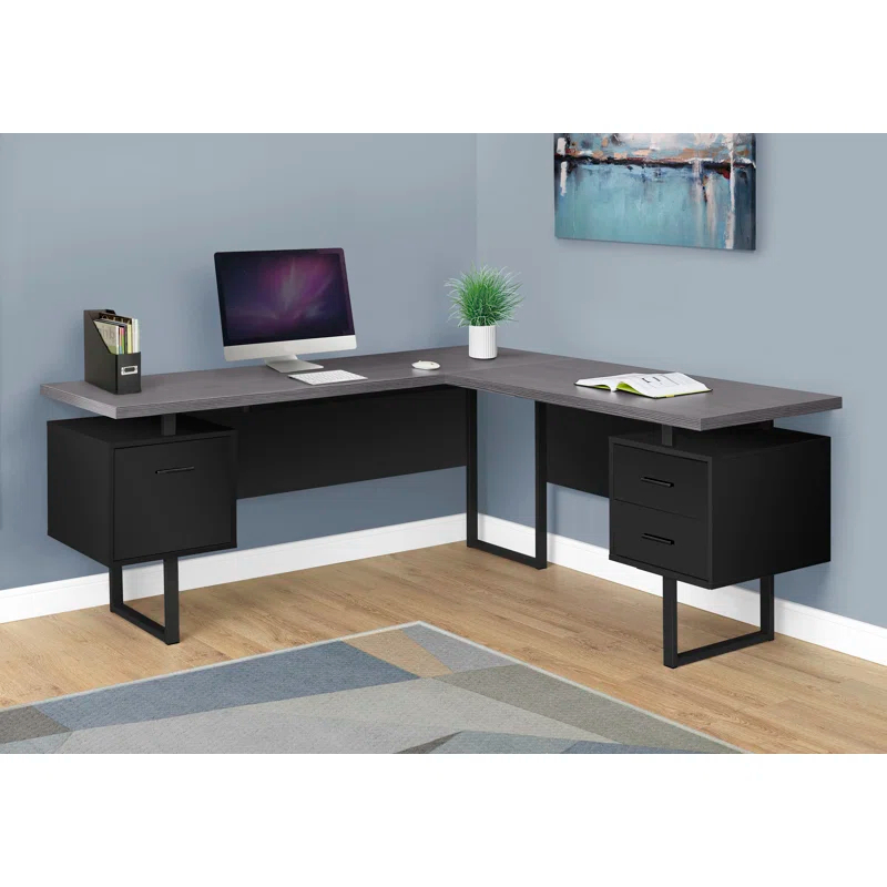 Ivy Bronx Computer Desk, Home Office, Corner, Storage Drawers, 70"L, L Shape, Work, Laptop, Metal, Black