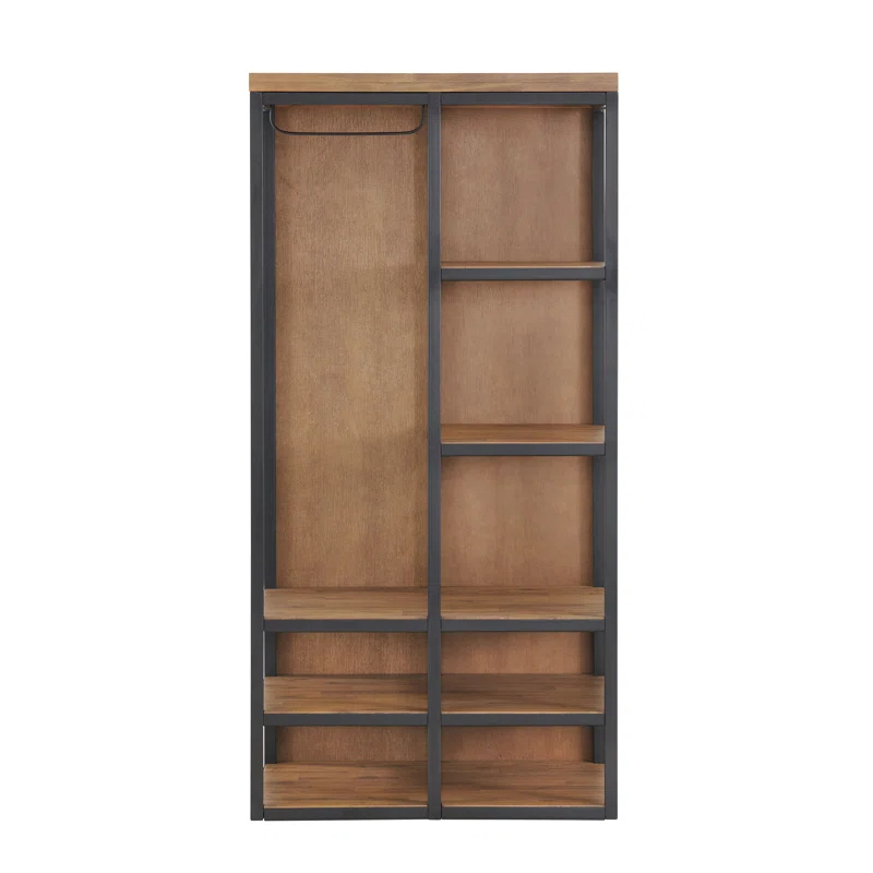 Alaterre Lloyd 28"W 58"H Rustic Industrial Metal Frame Hall Tree With Covered Back, Shelves And Shoe Storage