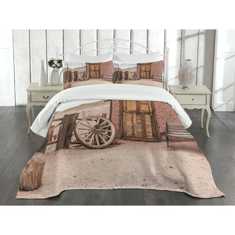 Ambesonne Barn Wood Wagon Wheel Bedspread Set Farmhouse Umber Pale Brown