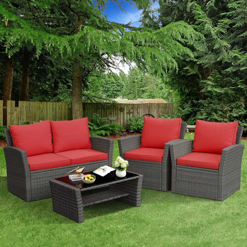 4 Piece Rattan Sofa Seating Group with Cushions