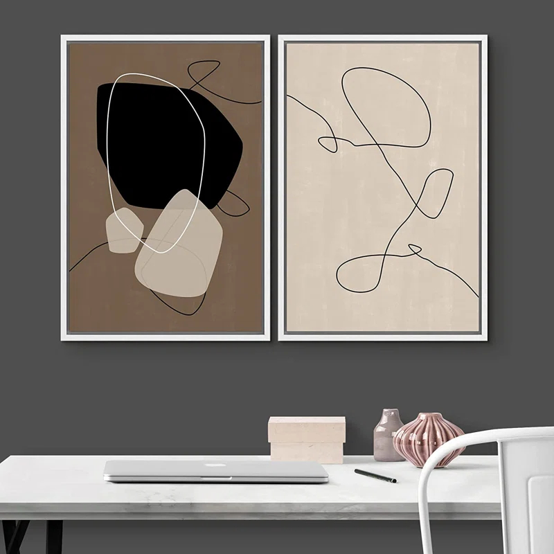 Mid Century Shape "Brown And Black Abstract Neutral Line Chic Framed Canvas Print 2 Pieces Wall Art