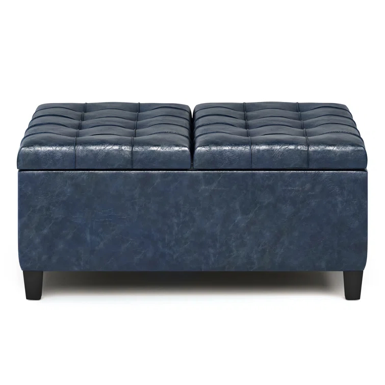 Simpli Home Harrison 36"W Upholstered Square Coffee Table Storage Ottoman with Split Lift Top