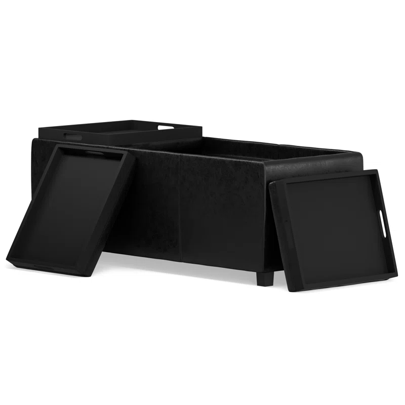 Simpli Home Avalon 42"W Upholstered Storage Ottoman with 3 Flip-Over Serving Trays