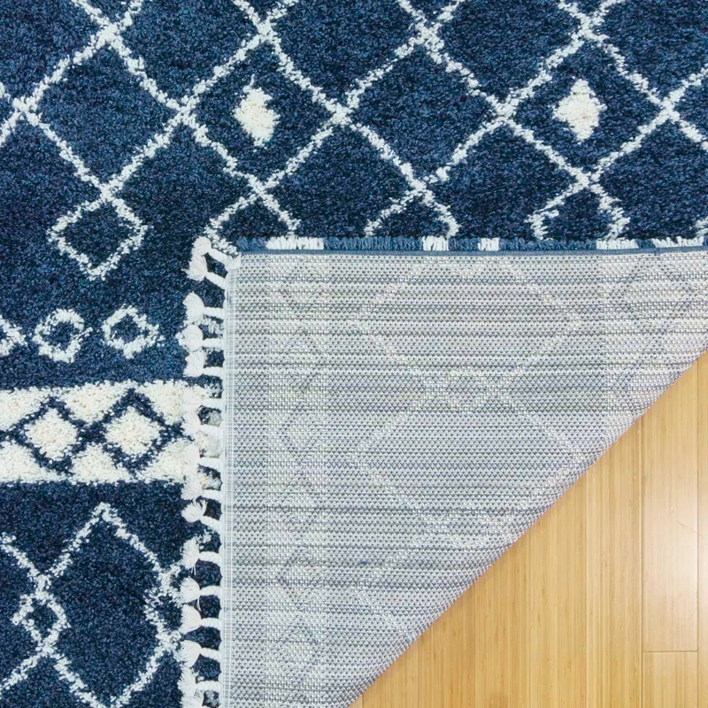Limmet Clara Modern Moroccan Bohemian Navy Blue/Ivory Diamond Shag Area Rug