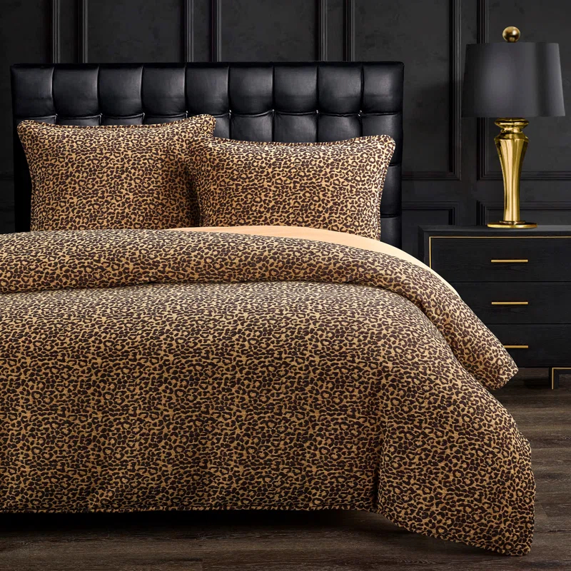 Adrienne Gold Black Leopard Print Chenille Fabric Classic Modern Rustic Duvet Cover Set