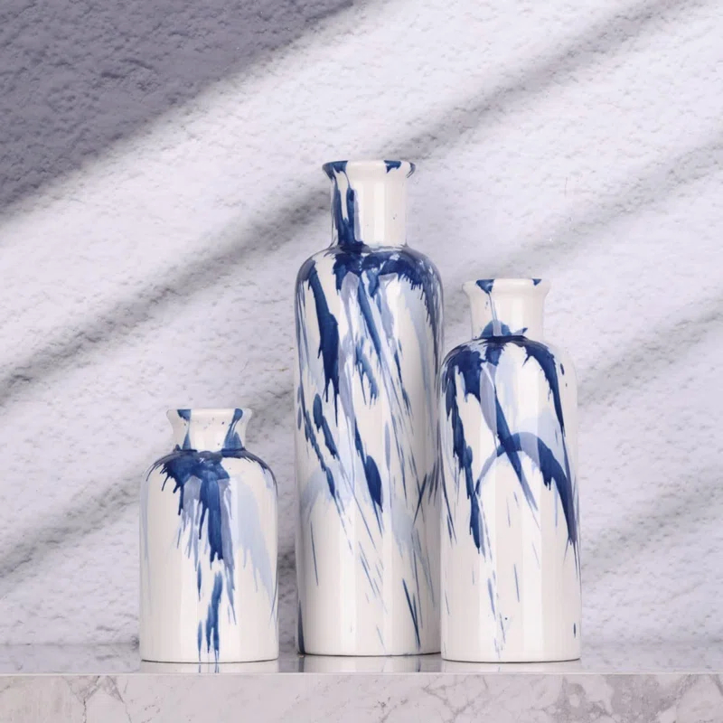 Orren Ellis Blue Ceramic Vase Set Of 3 - Decorative Navy Blue And White Vase For Centerpieces, Farmhouse And Home Decor - Ideal For Living Room, Kitchen, Bedroom, Dining Table And Office Decor
