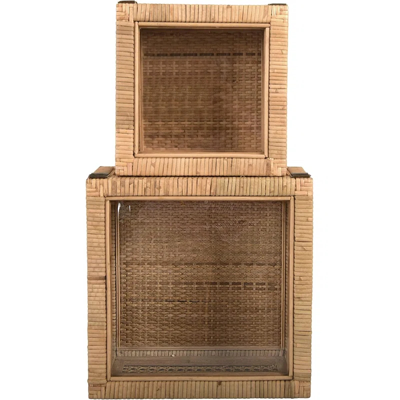 Bayou Breeze Modern Decorative Square Woven Rattan And Wood Display Boxes With Glass Top, Set Of 2 Sizes, Natural Finish