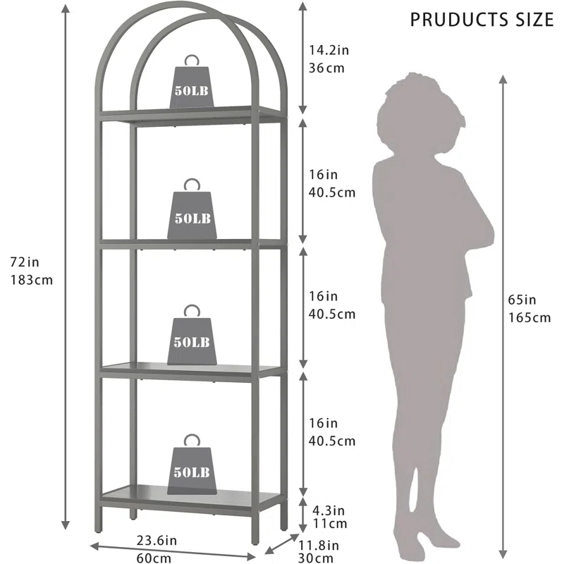 17 Stories Bookshelf Arched Bookcase, Industrial 4-Tier Open Book Shelves with Metal Frame, 72" Tall Bookcase