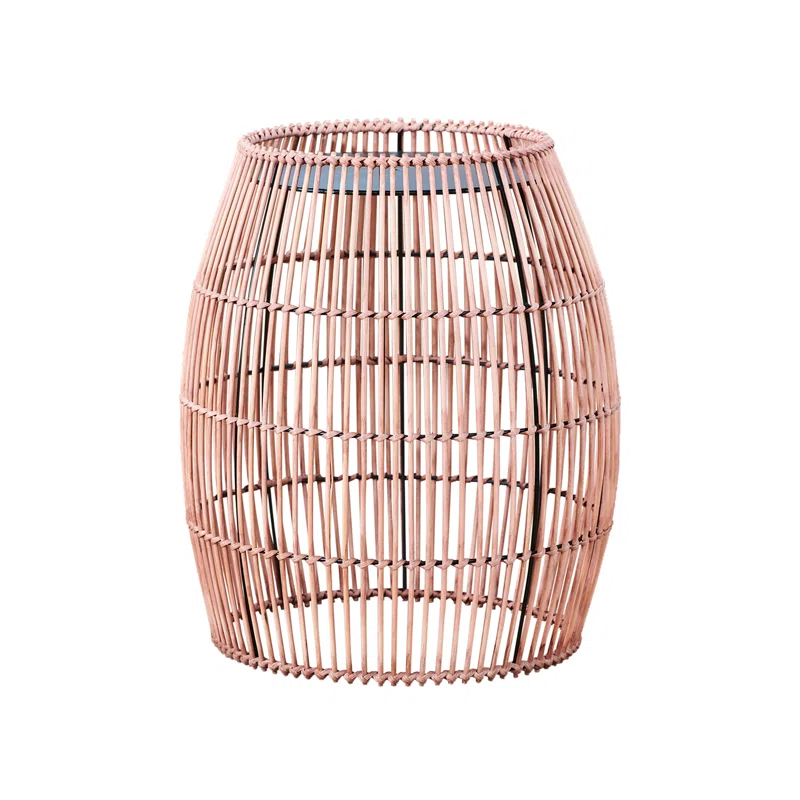 Bay Isle Home™ Bamboo Drum Side Table with Black Iron Top – Weather-Resistant Open Weave Accent Table