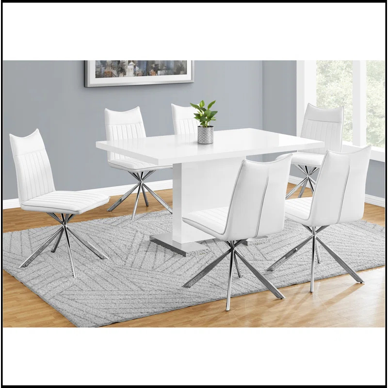 Wrought Studio™ Dining Table, 60" Rectangular, Kitchen, Dining Room, Glossy White Laminate, Chrome Metal, Contemporary, Modern