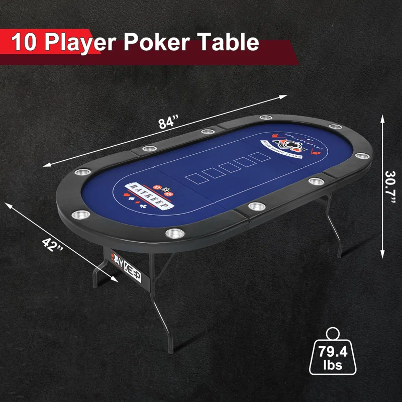 RayChee Poker Table 84'' 10-Player Foldable Poker Table, Portable Casino Leisure Texas Holdem Table with Padded Rails and Cup Holders