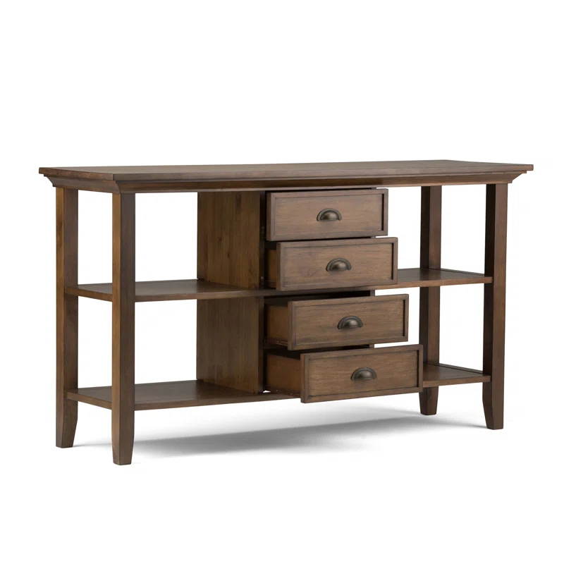 Simpli Home Redmond 54"W Solid Wood Storage Console Table with 4 Center Drawers and Open Shelves
