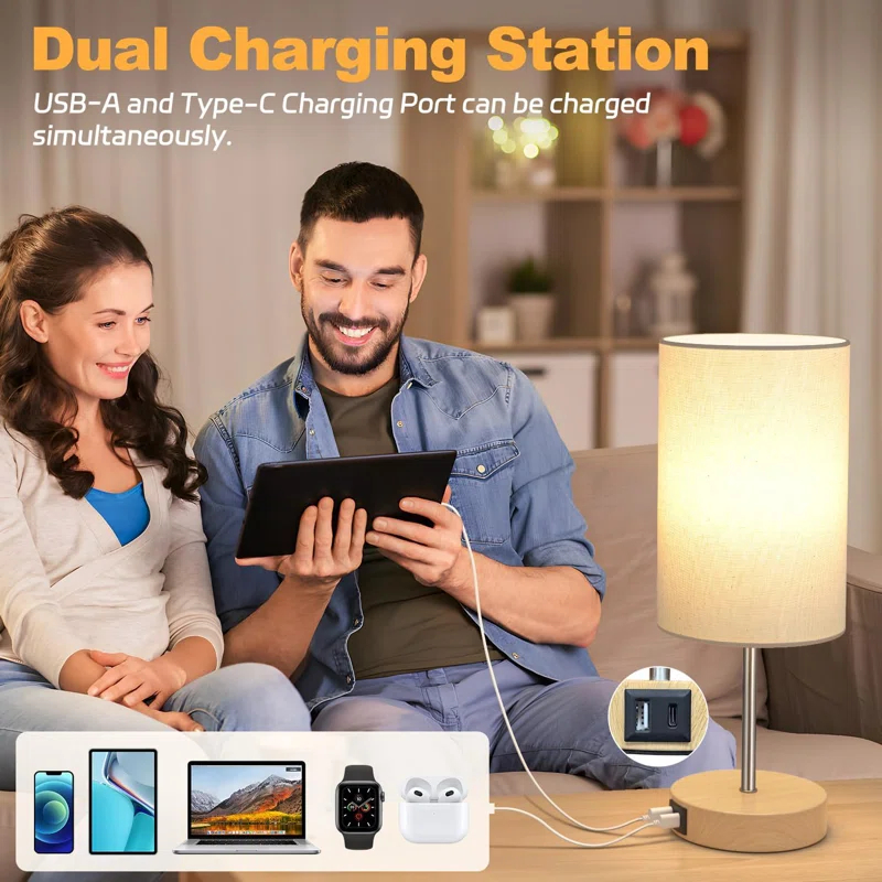 Ebern Designs Table Lamp For Bedroom, 3 Way Dimmable Touch Lamp With Dual Charging Station, Small Bedside Lamps For Night Stands, Living Room, Office(LED Bulb Included)