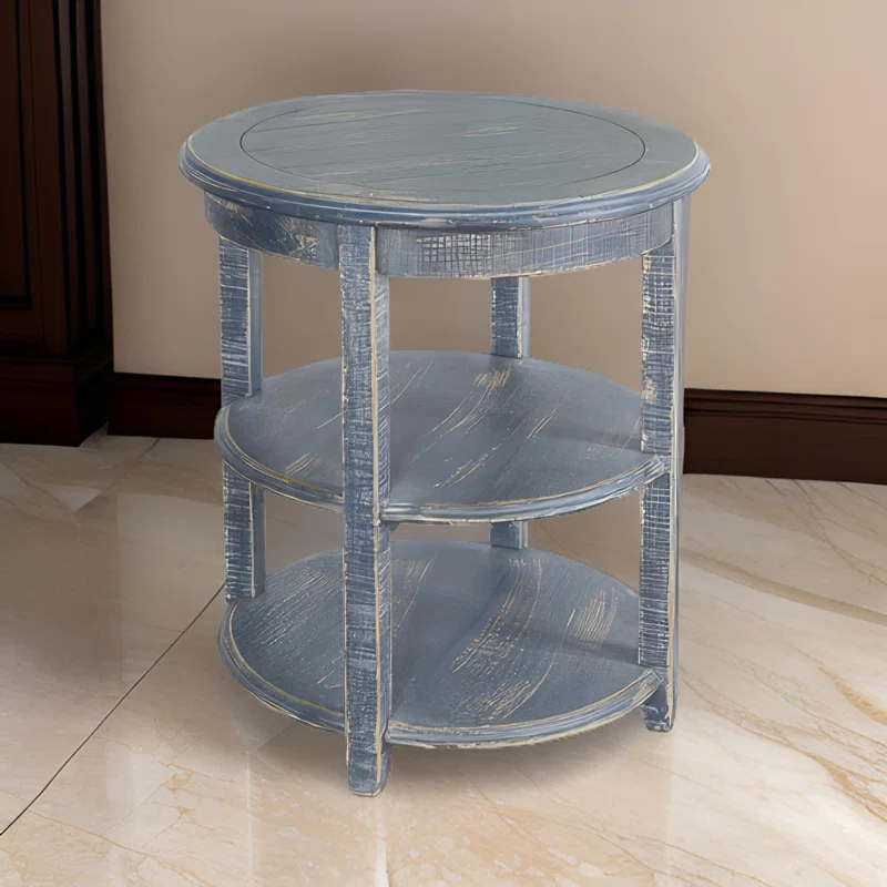 Benjara Rena Side End Table, Scallop Trim, 28 Inch Distressed Blue Mahogany
