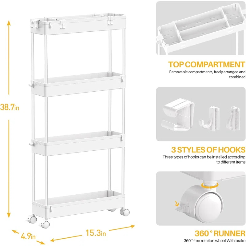 SPACEKEEPER Slim Rolling Storage Cart, 4 Tier Storage Organizer Utility Cart Mobile Shelving Unit