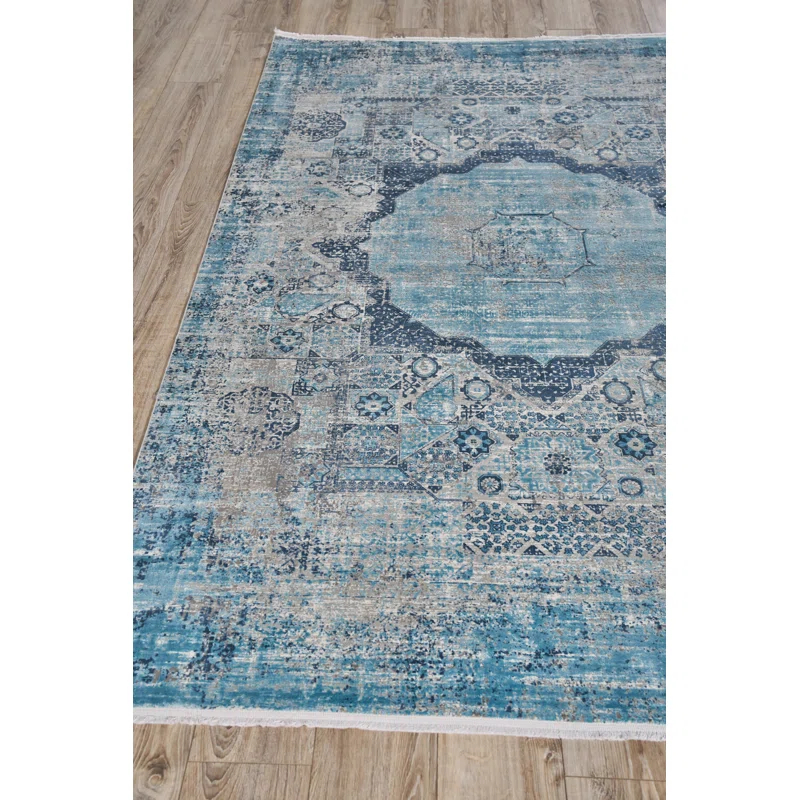 EXQUISITE RUGS Exquisite Rugs Palace Power Loom/Hand-Finished Acrylic/Viscose Ivory/Blue Area Rug