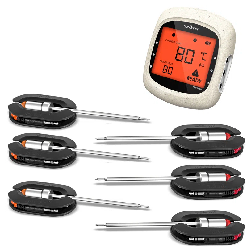 NutriChef Nutrichef Bluetooth Meat Thermometer For Grilling And Smoking With 6 Wireless Meat Probes, 6 Channels With Lcd Display