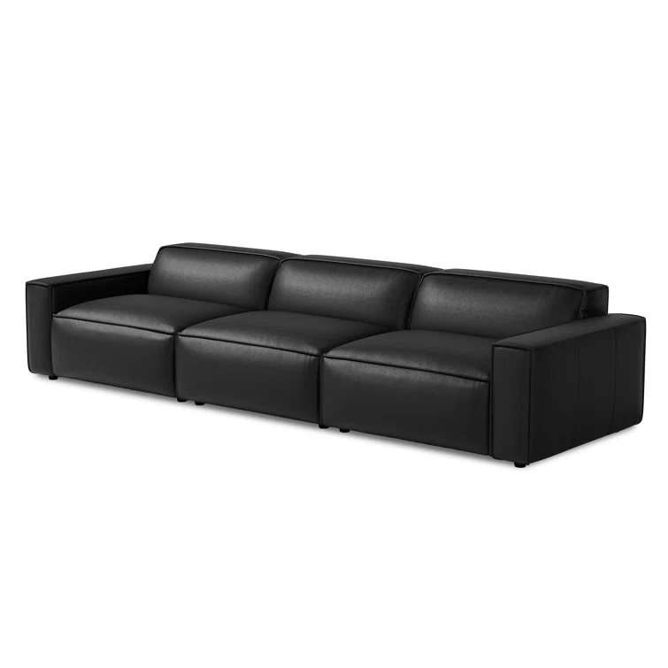 Hokku Designs Hamall Valencia Nathan Full Aniline Leather Modular Sofa With Down Feather, Three Seats, Black Color
