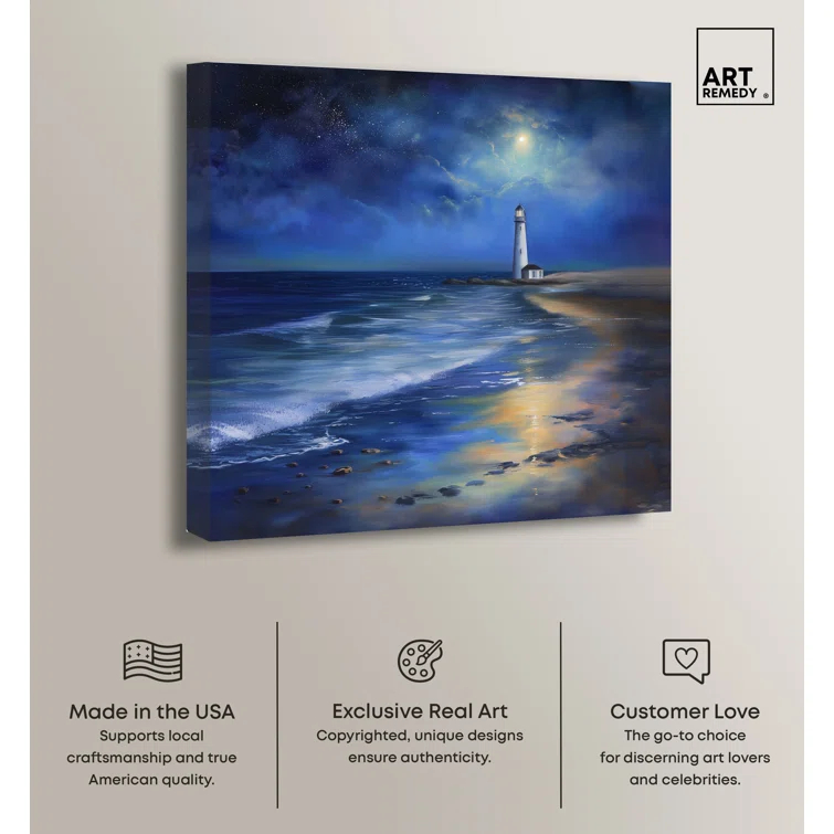 Art Remedy Lighthouse At Night Coastal Wall Art by Art Remedy