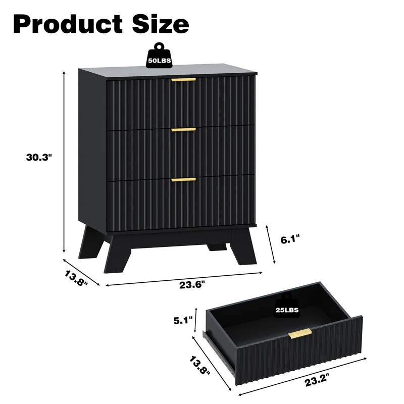 George Oliver Fluted Dresser For Bedroom With 3 Drawers Dresser Organizer, 23.6''W Wood Wide Chest of Drawers