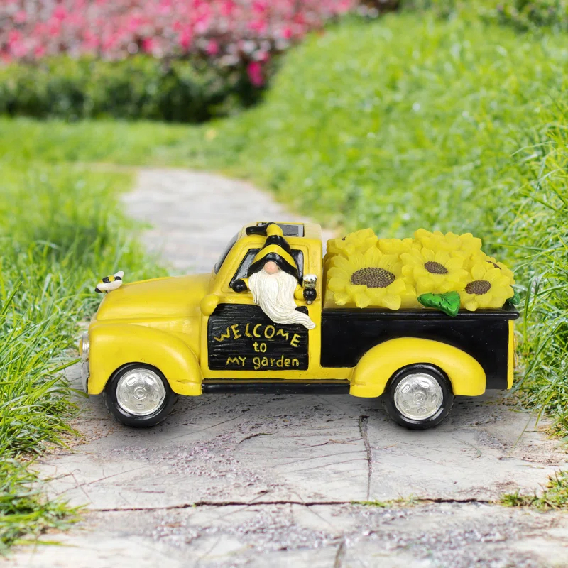 Exhart Exhart Solar Hand Painted Beekeeper Gnome in a Sunflower Truck Garden Statue, 11 by 5 Inches