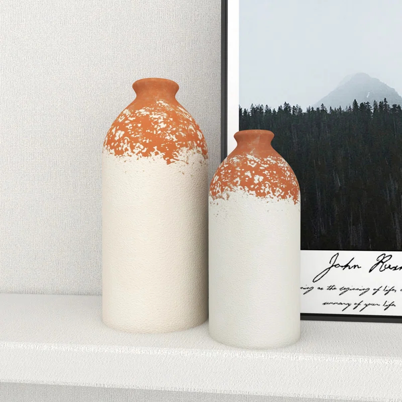 Novogratz Ceramic Decorative White Vase with Terracotta Detailing Set