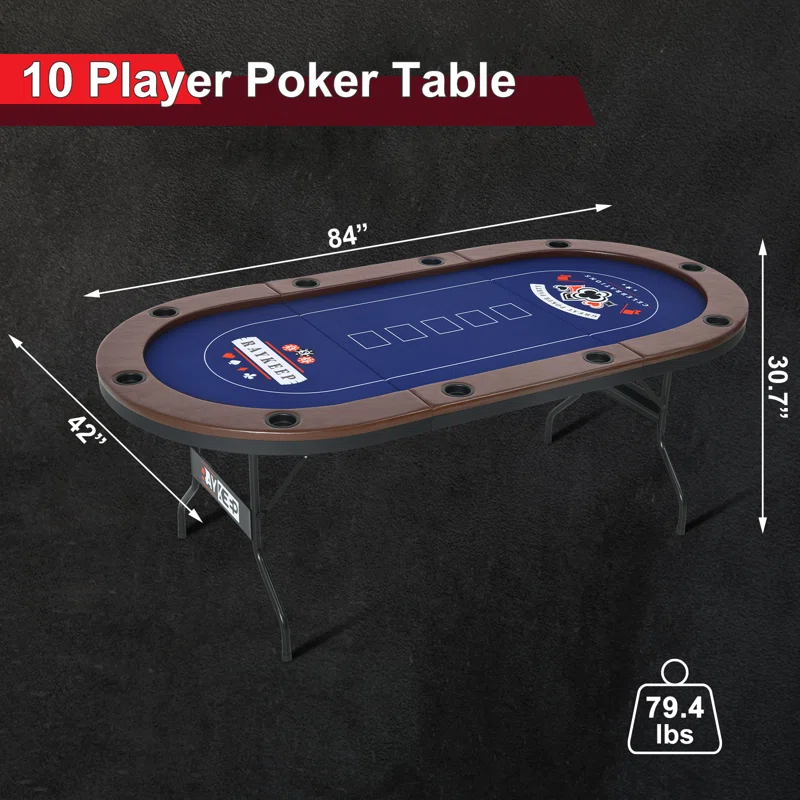 RayChee Poker Table 84'' 10-Player Foldable Poker Table, Portable Casino Leisure Texas Holdem Table with Padded Rails and Cup Holders