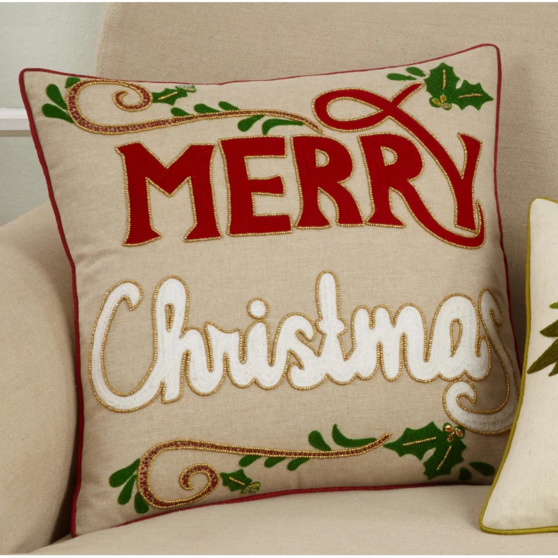 Saro Merry Christmas Cotton 18" Throw Pillow Cover & Reviews | Wayfair