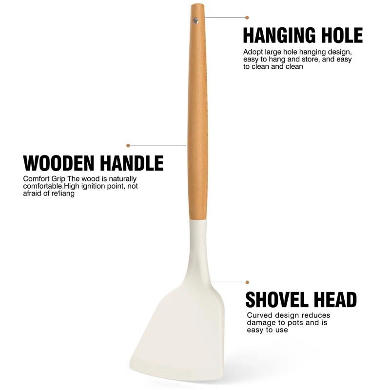 FAST APPLIANCES LLC Silicone Cooking Utensils Set - Silicone Kitchen Utensils For Cooking Wooden Handles, 446°F Heat Resistant Kitchen Utensil Spatula Sets W Holder, Gadgets For Non-Stick Cookware BPA FREE (Cream White)