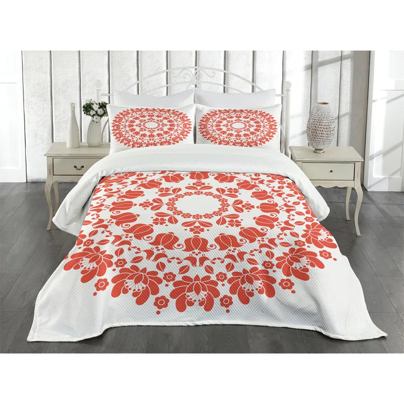 Ambesonne Ambesonne Mandala Bedspread Set Hungarian Round Folk Art White and Vermilion