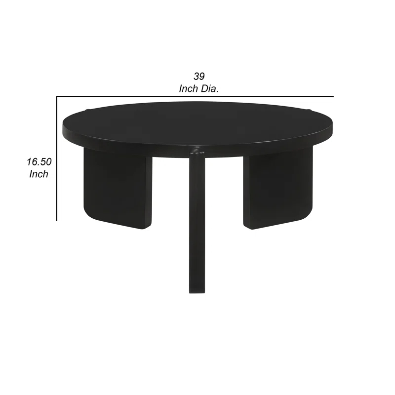 Kiya Coffee Table, 39 Inch Round Top, Black Solid Wood Frame, Panel Legs