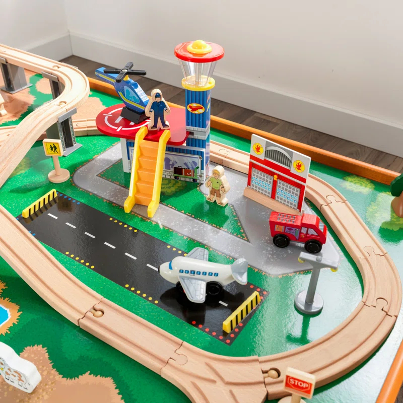 KidKraft Ride Around Town Wooden Train Set And Table With Storage Bins And 100 Pieces, Honey