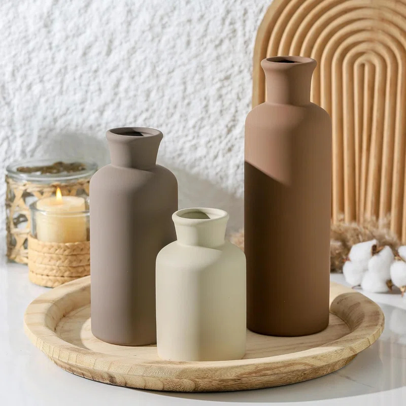 Lark Manor™ Set Of 3 Ceramic Vases, Modern Neutral Home Decor For Farmhouse, Rustic, Or Boho Style - Perfect For Fresh Or Dried Flowers, Table, Mantel, Shelf, Entryway, Living Room, Kitchen, Bathroom - Brown