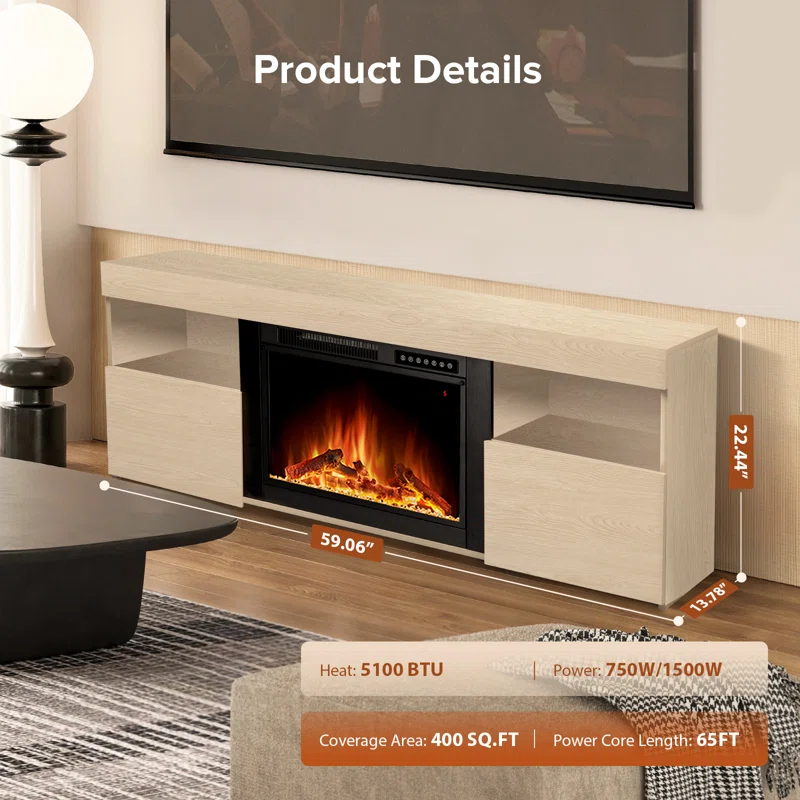 COWSAR COWSAR TV Stand for TVs up to 60" with Electric Fireplace with Remote Control,Adjustable Real 3d Flame Brightness