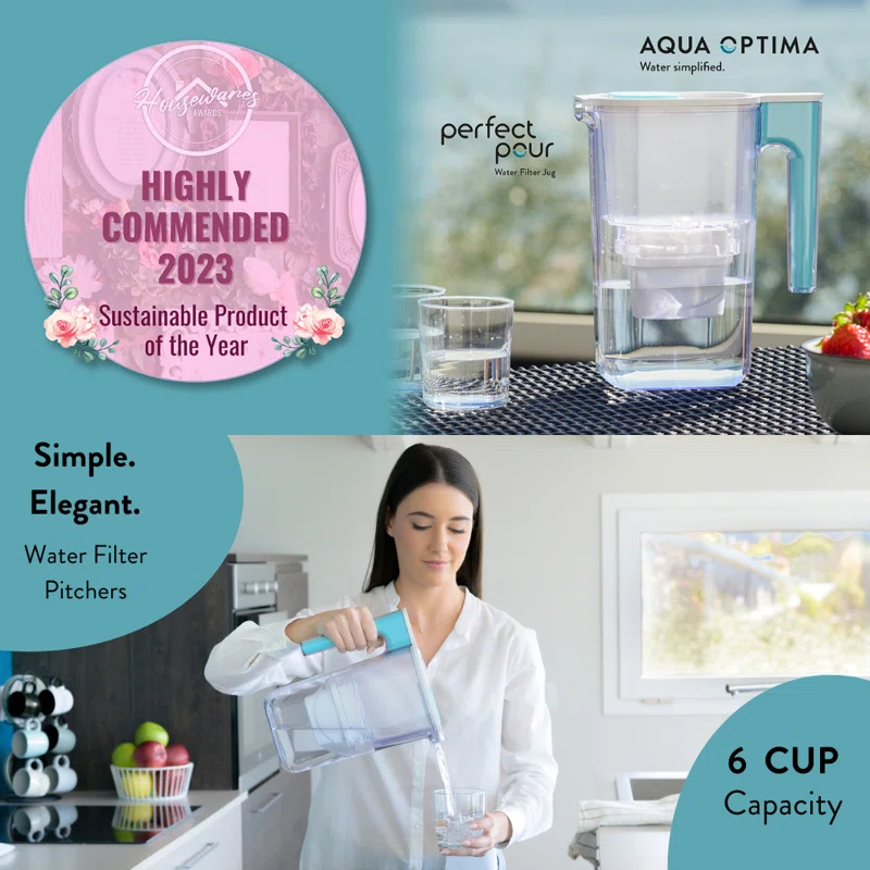 Aqua Optima Perfect Pour 6 Cup Water Filter Pitcher By Aqua Optima, Ergonomic, Eliminates Splashes And Spills, Bpa Free, Wqa Certified, Includes 1 Evolve+ Water Filter, Blue